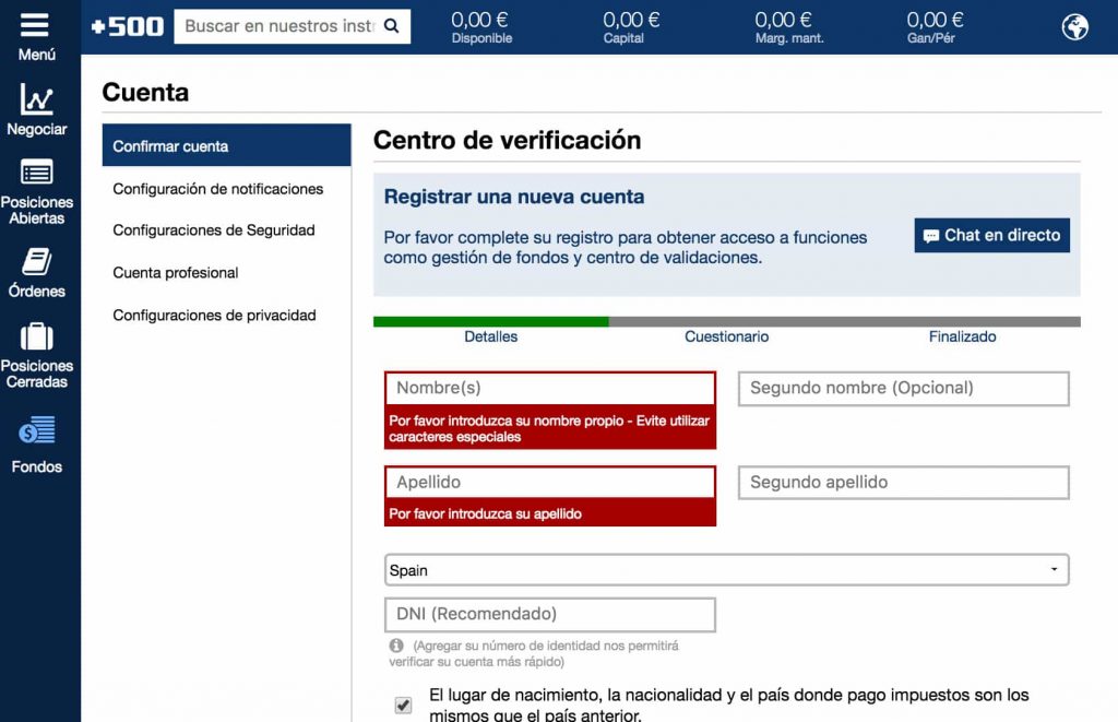 verificación cuenta Plus500